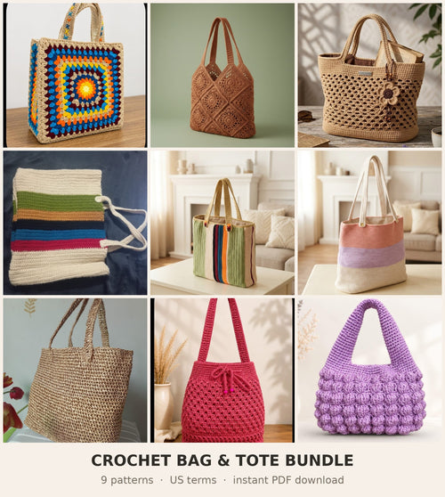 Nine crochet bag and tote patterns in one bundle - granny square, sunburst, mesh market, striped market, vertical stripe, pastel colour block, raffia, drawstring bucket and bubble stitch