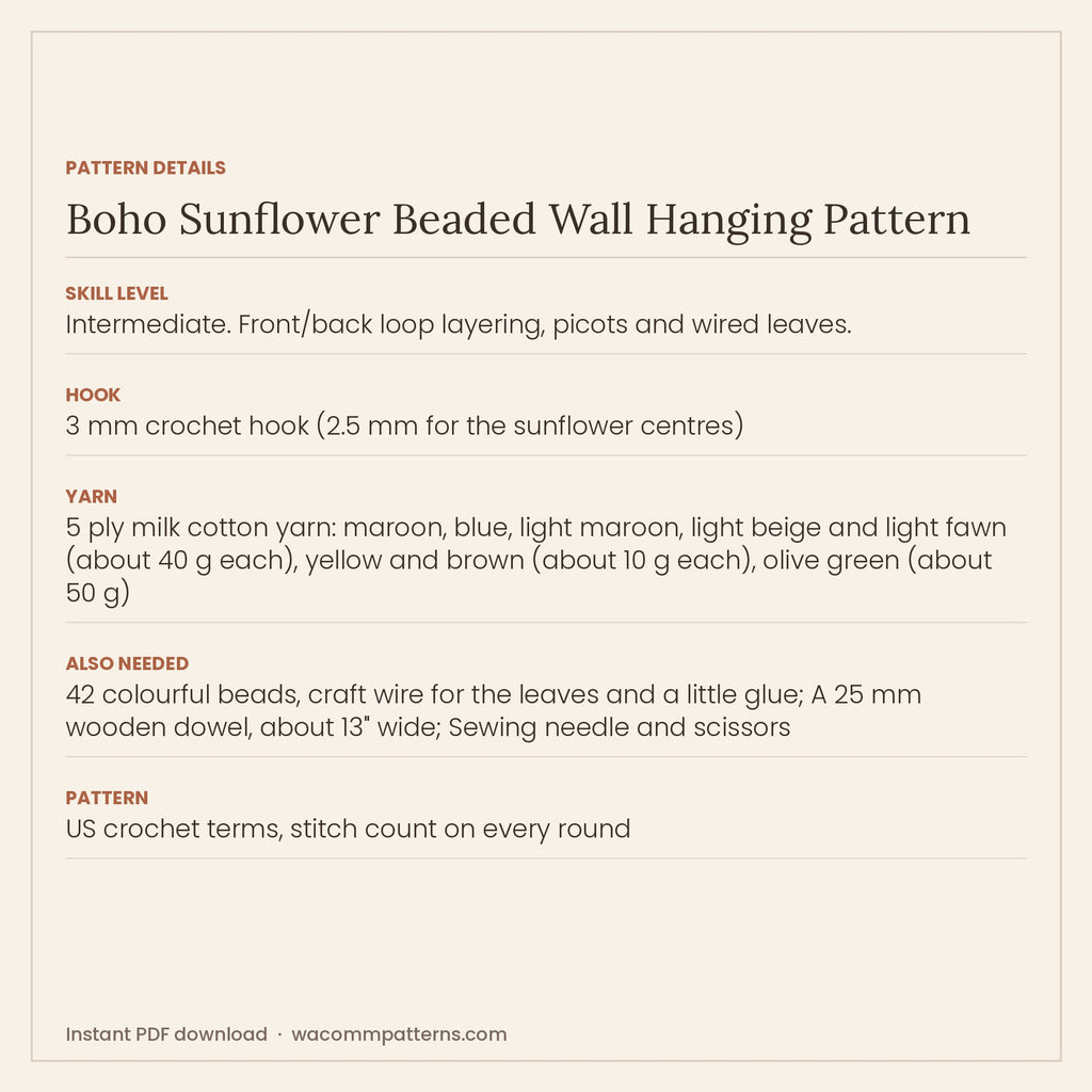 Boho crochet wall hanging of flower strands with layered blossoms, sunflowers and wired leaf bunches - PDF crochet pattern, instant download