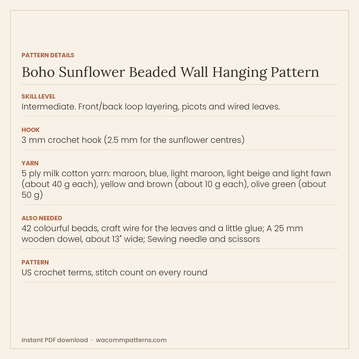 Boho crochet wall hanging of flower strands with layered blossoms, sunflowers and wired leaf bunches - PDF crochet pattern, instant download