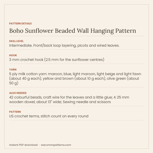 Boho crochet wall hanging of flower strands with layered blossoms, sunflowers and wired leaf bunches - PDF crochet pattern, instant download