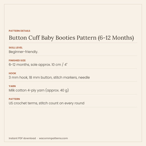 Crochet button-cuff baby booties with a shaped sole and textured top, sized 6 to 12 months - PDF crochet pattern, instant download