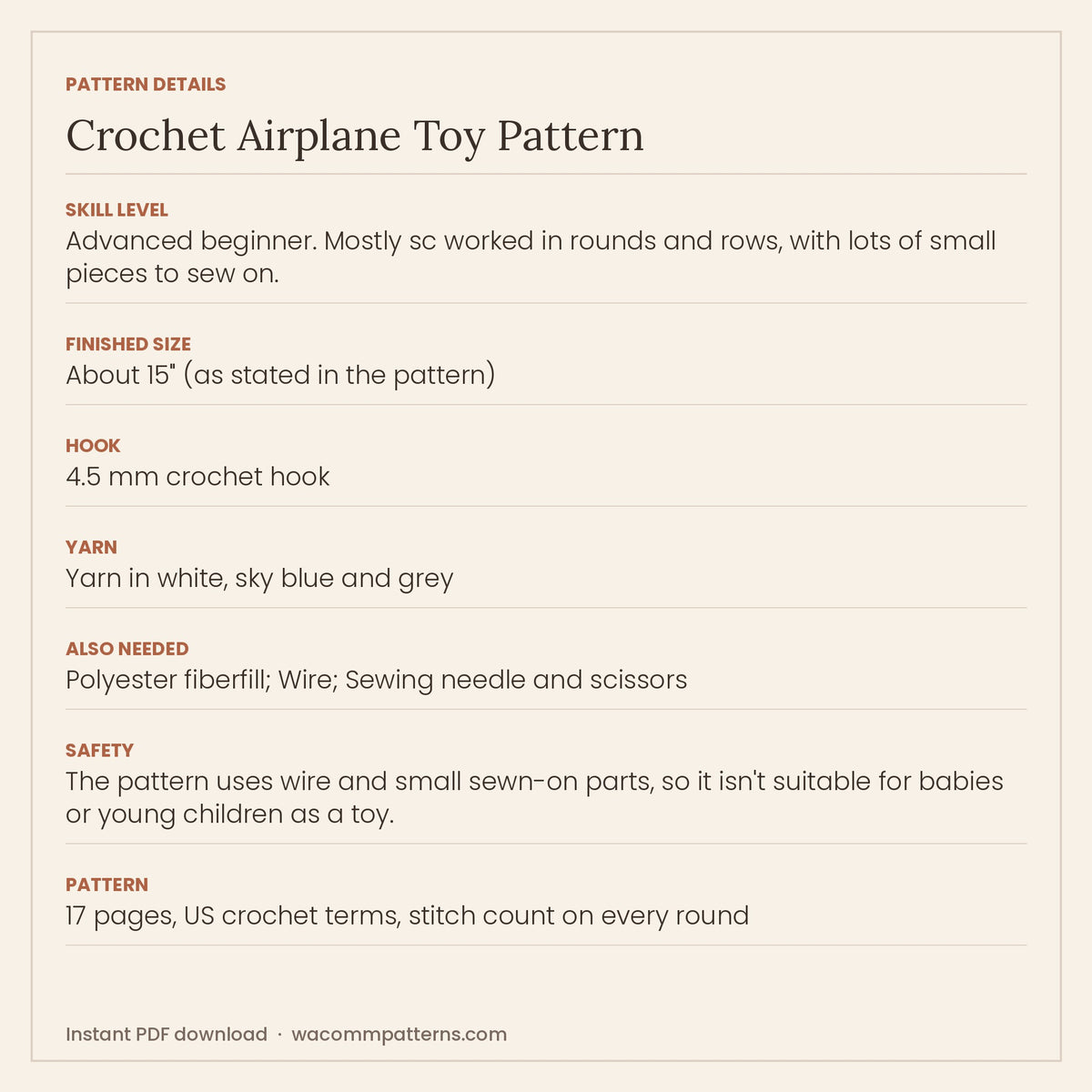 Crochet airplane plush toy - white amigurumi aeroplane with blue windows, PDF crochet pattern in US terms