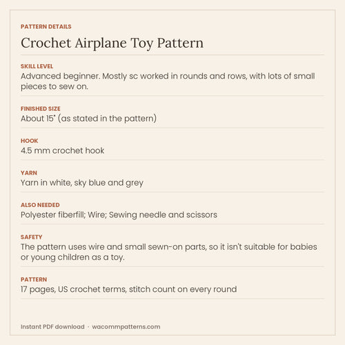 Crochet airplane plush toy - white amigurumi aeroplane with blue windows, PDF crochet pattern in US terms