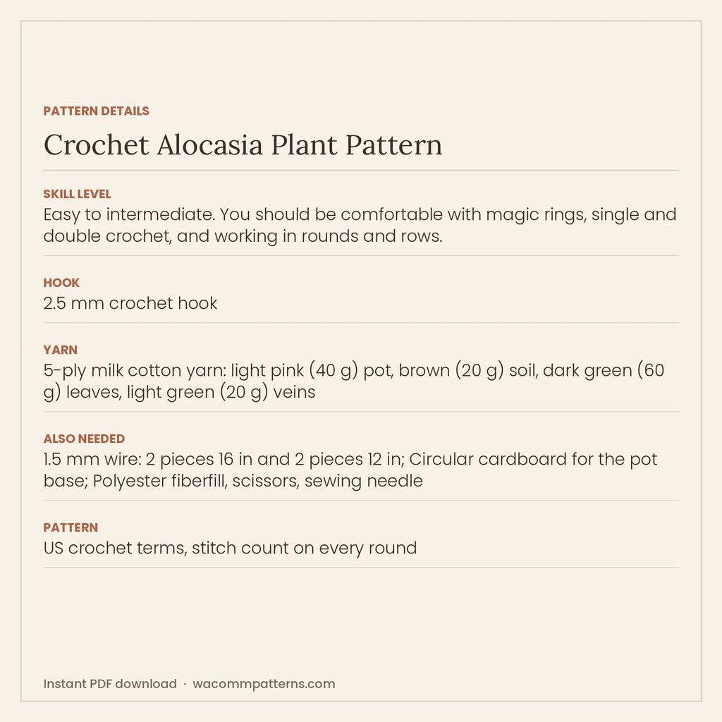 Potted crochet alocasia with four wired leaves finished with surface slip-stitch veins - PDF crochet pattern, instant download