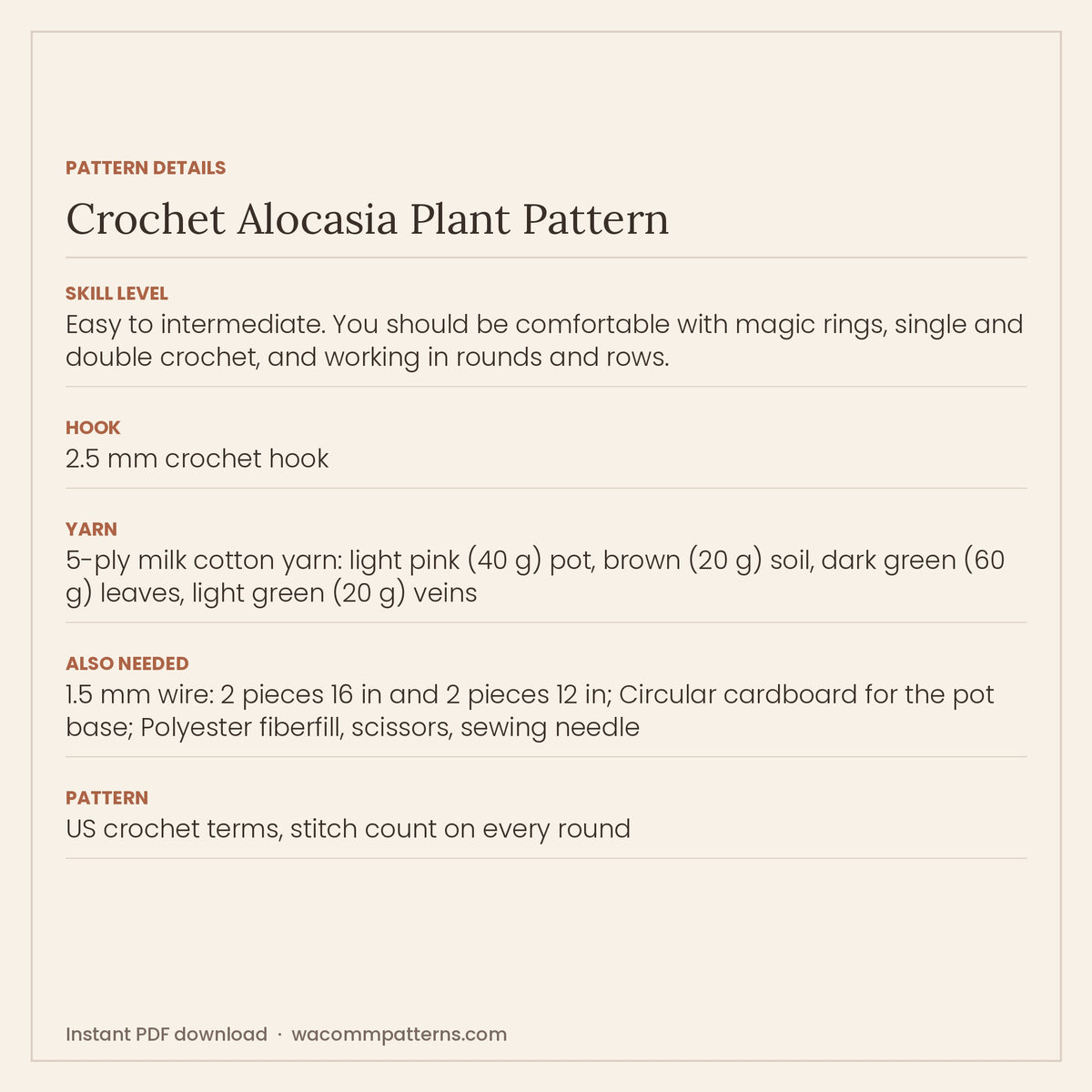 Potted crochet alocasia with four wired leaves finished with surface slip-stitch veins - PDF crochet pattern, instant download