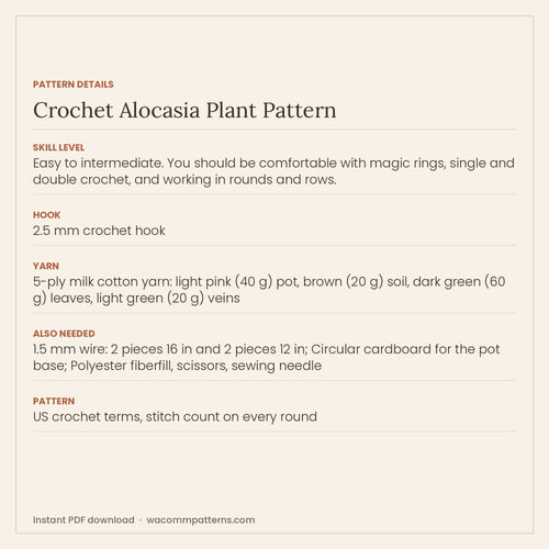 Potted crochet alocasia with four wired leaves finished with surface slip-stitch veins - PDF crochet pattern, instant download