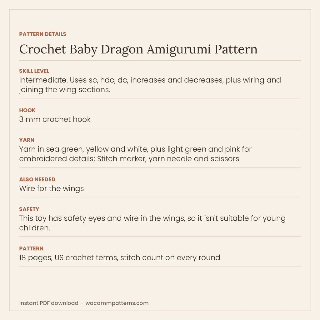 Crochet baby dragon amigurumi in sea green with a yellow belly, horns, back spikes and wired wings - PDF crochet pattern, instant download