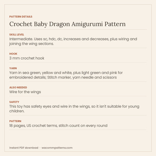 Crochet baby dragon amigurumi in sea green with a yellow belly, horns, back spikes and wired wings - PDF crochet pattern, instant download
