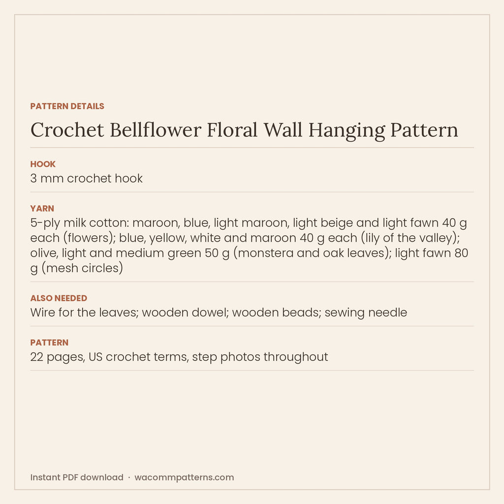 Pattern details card for the crochet bellflower floral wall hanging