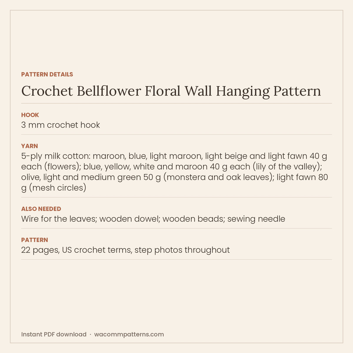 Pattern details card for the crochet bellflower floral wall hanging