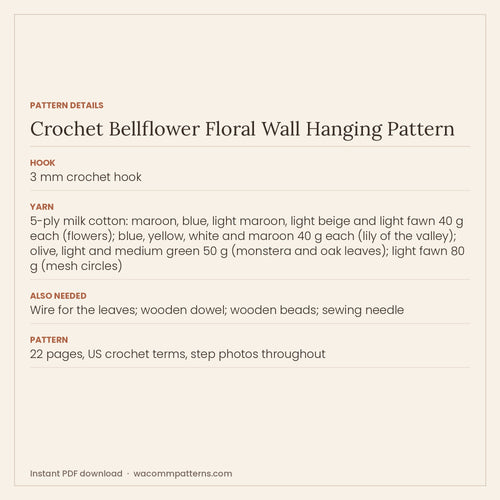 Pattern details card for the crochet bellflower floral wall hanging