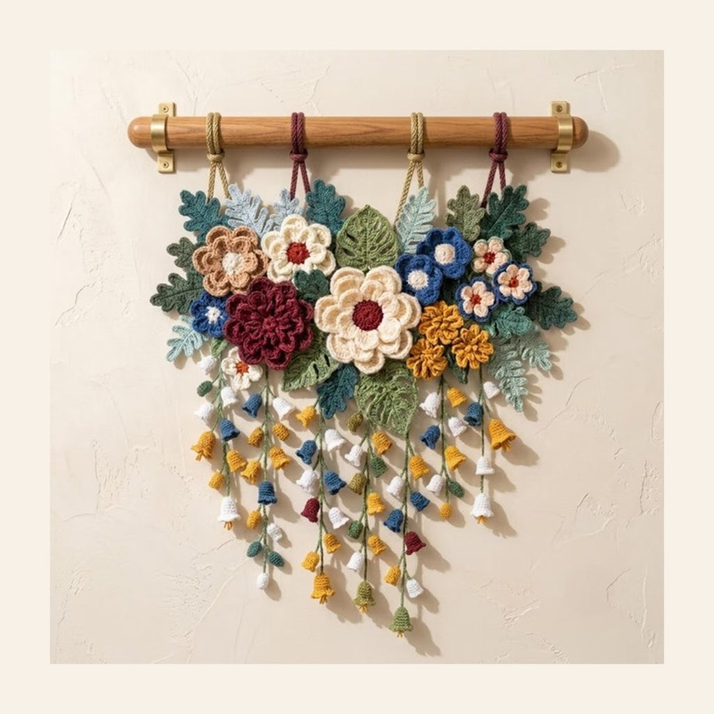 Crochet floral wall hanging with layered flowers and lily of the valley strands