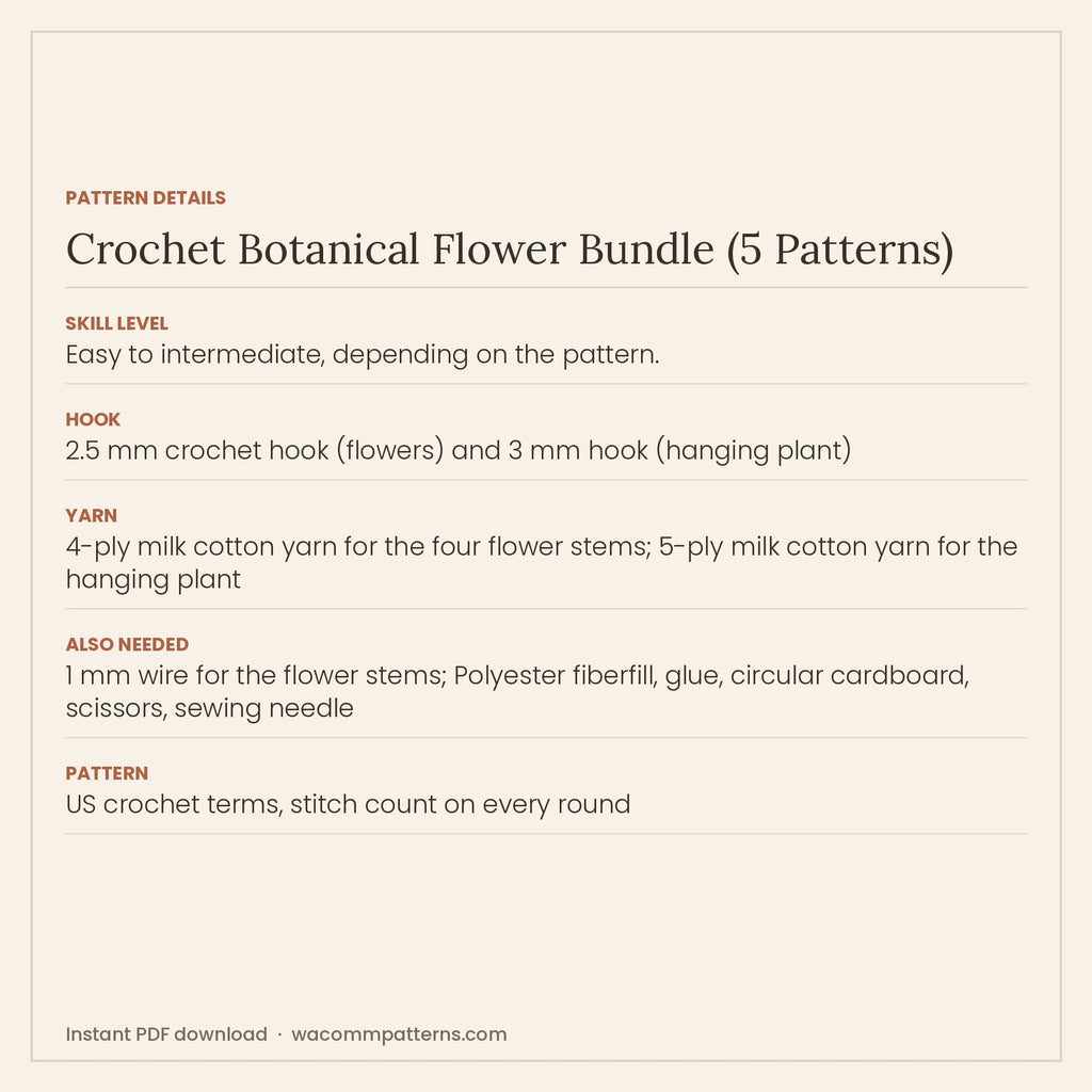 Crochet flower and plant bundle of five patterns for vases and hanging planters that never wilt - PDF crochet pattern, instant download