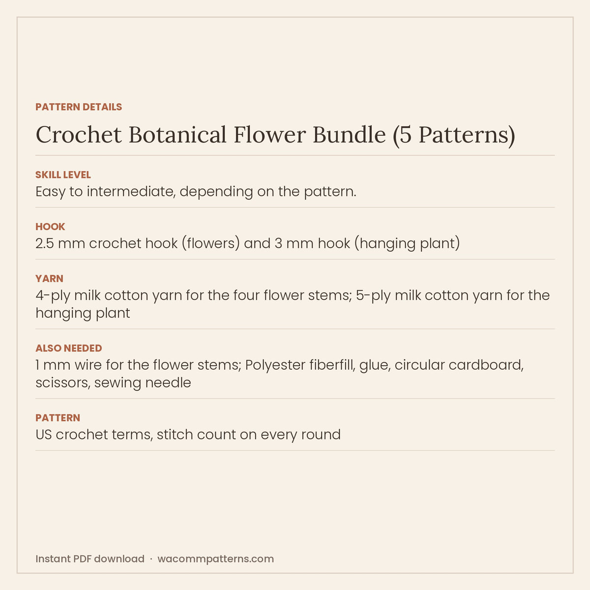 Crochet flower and plant bundle of five patterns for vases and hanging planters that never wilt - PDF crochet pattern, instant download
