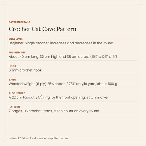 Cosy rounded crochet cat cave worked in single crochet over a ring that holds the doorway open - PDF crochet pattern, instant download