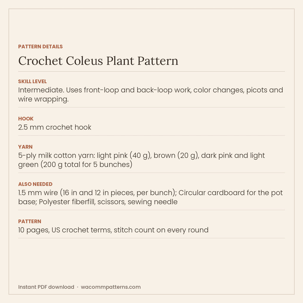 Crochet coleus plant in a pink pot with pink and purple leaves edged in bright green - PDF crochet pattern, instant download