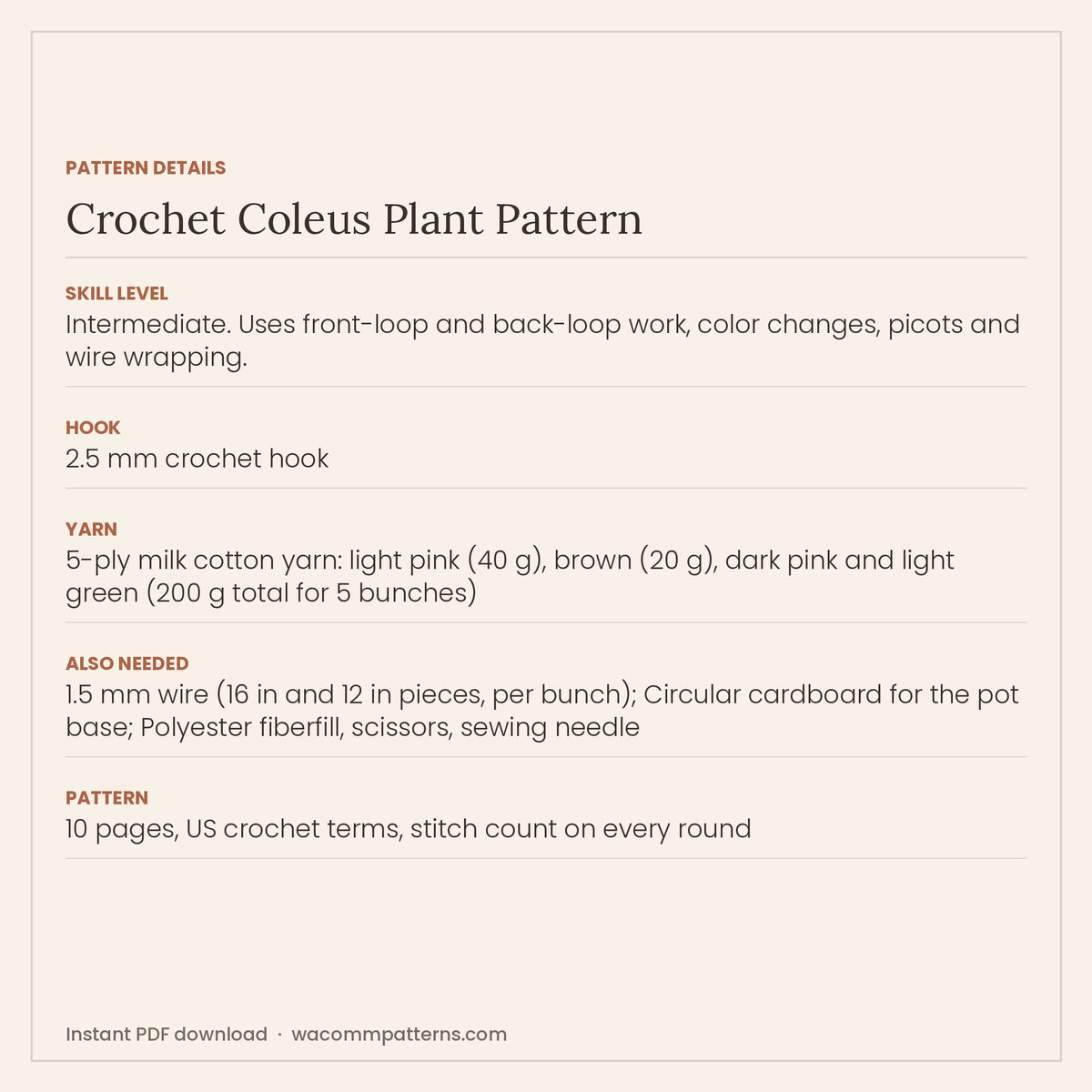 Crochet coleus plant in a pink pot with pink and purple leaves edged in bright green - PDF crochet pattern, instant download