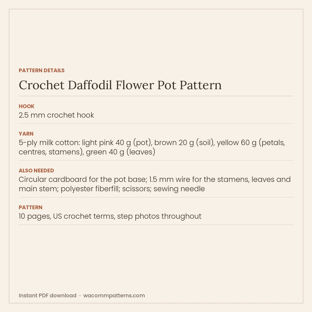 Pattern details card for the crochet daffodil flower pot