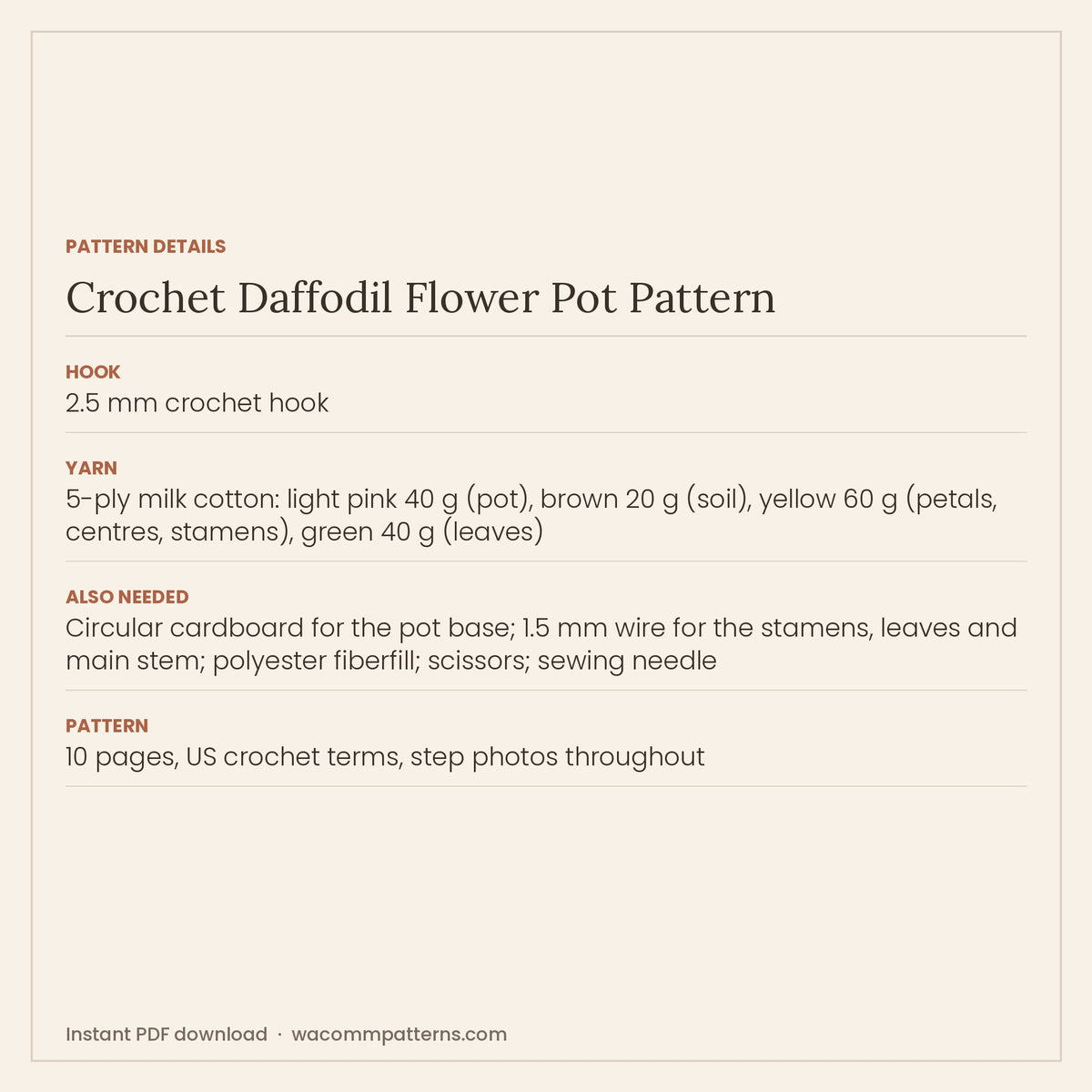 Pattern details card for the crochet daffodil flower pot