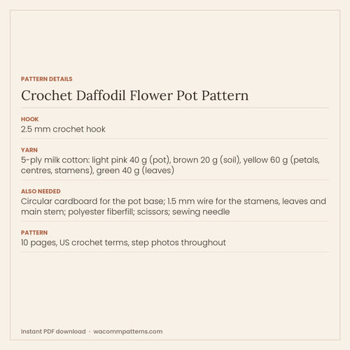 Pattern details card for the crochet daffodil flower pot