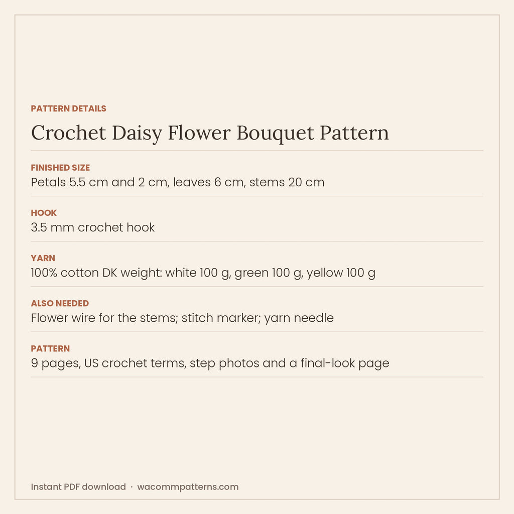 Pattern details card for the crochet daisy flower bouquet