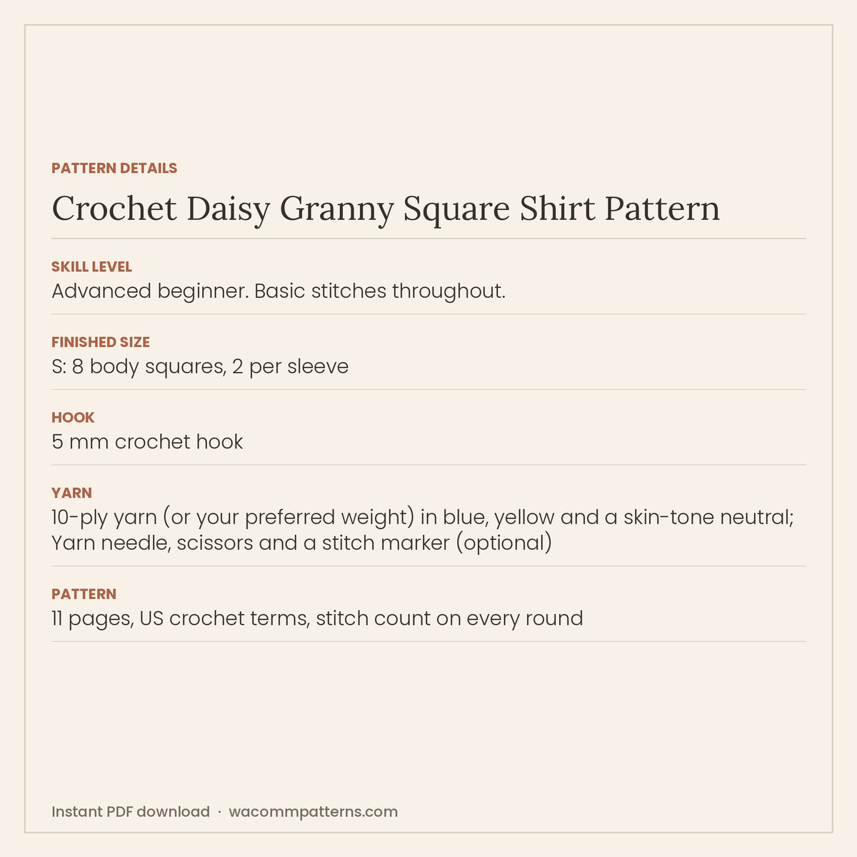 Crochet daisy granny square summer top with short sleeves and a square neckline - PDF crochet pattern, instant download