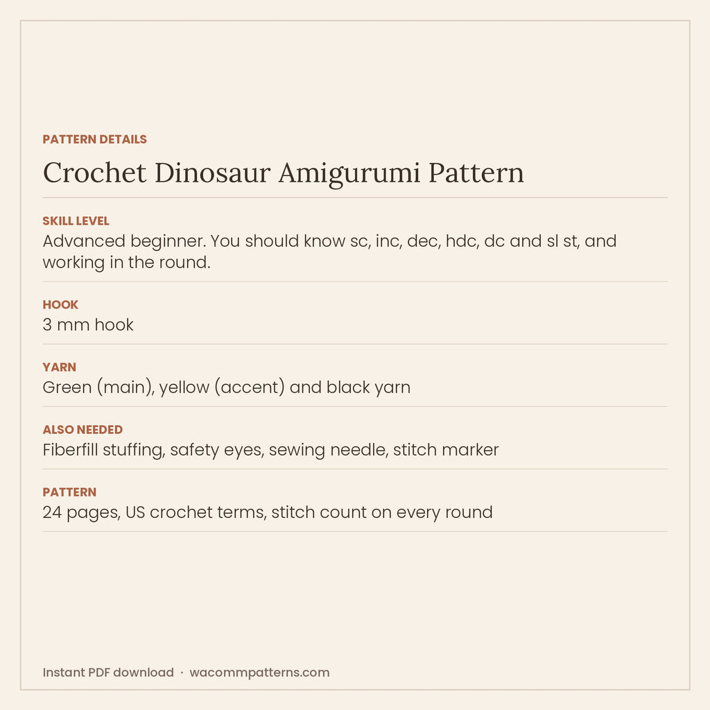 Crochet dinosaur amigurumi with row-by-row instructions for every part - PDF crochet pattern, instant download