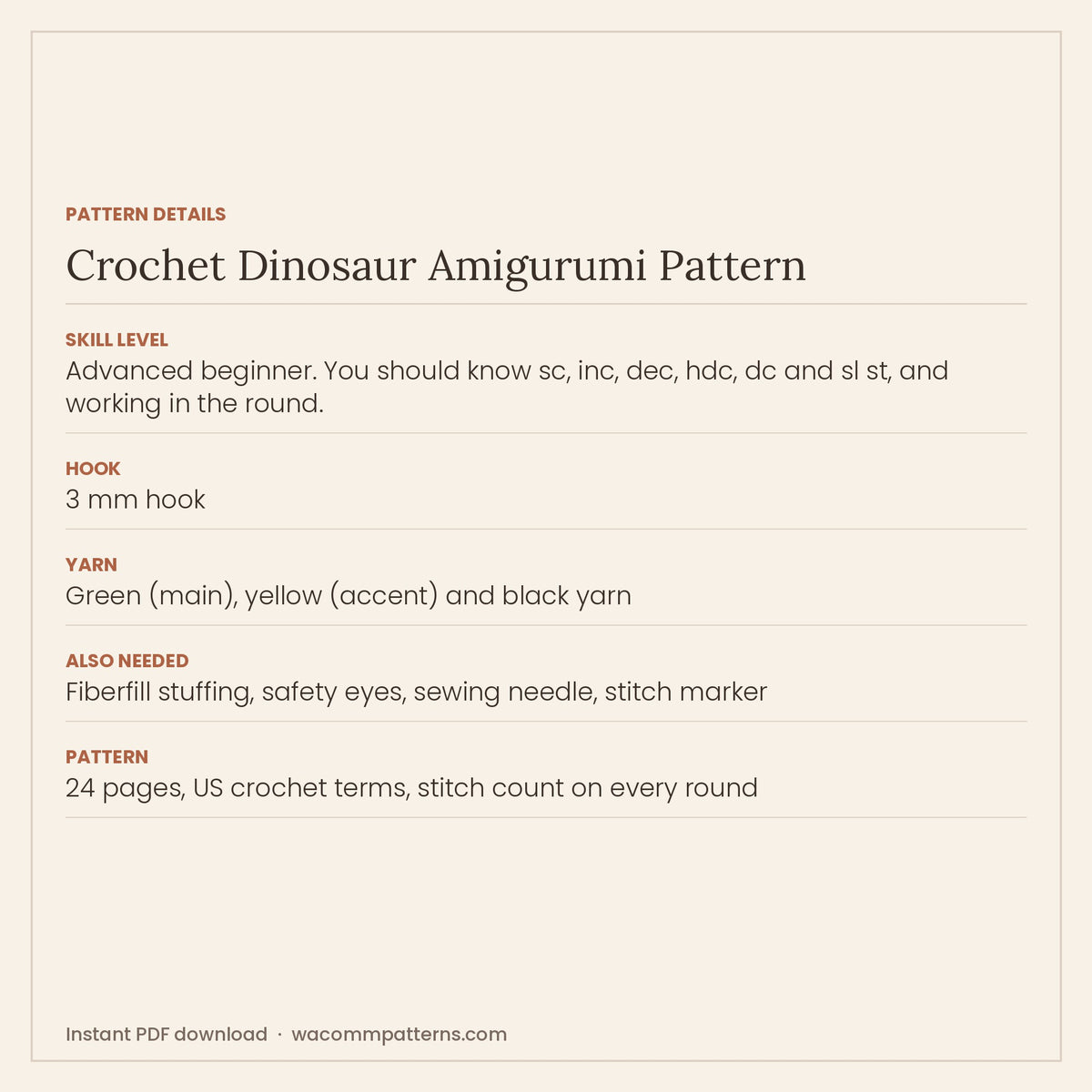 Crochet dinosaur amigurumi with row-by-row instructions for every part - PDF crochet pattern, instant download