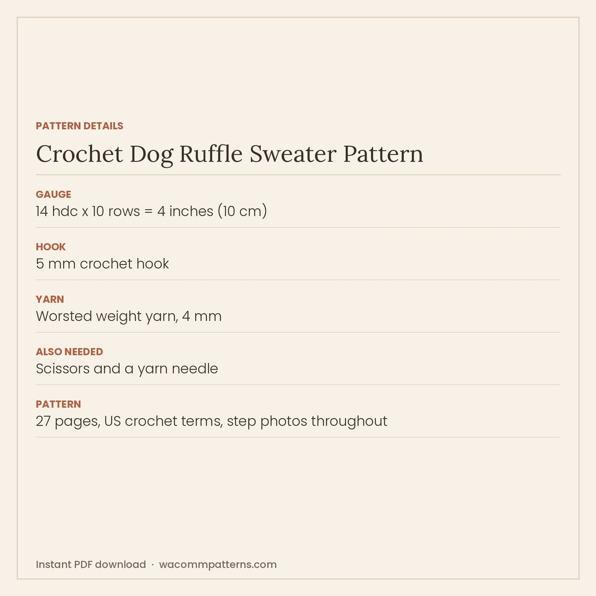 Pattern details card for the crochet dog ruffle sweater
