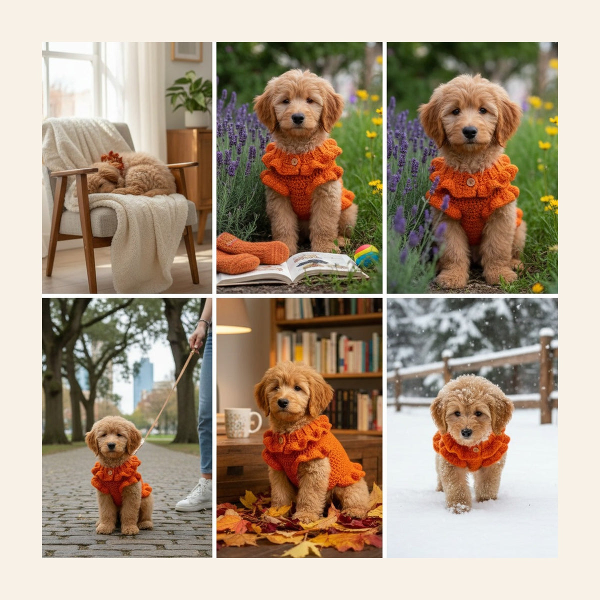 The orange crochet dog sweater worn by small dogs outdoors