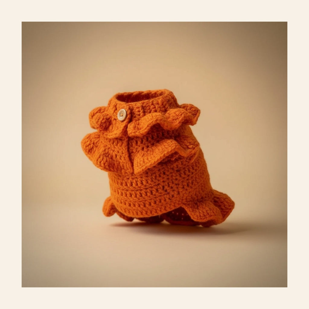 Orange crochet dog sweater with a ruffled skirt on a plain background