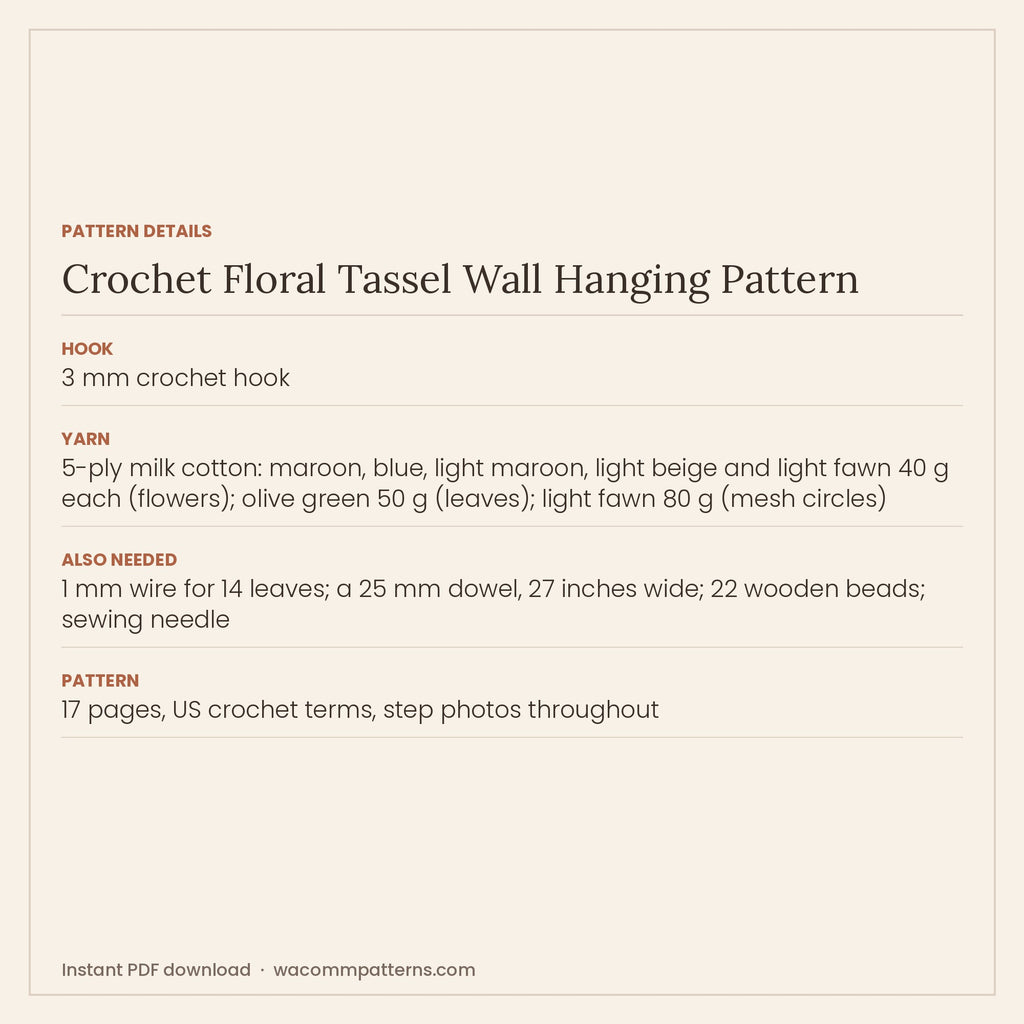Pattern details card for the crochet floral tassel wall hanging