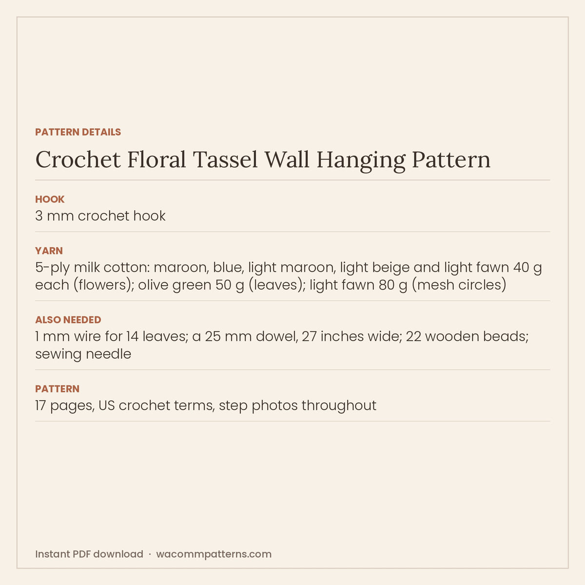Pattern details card for the crochet floral tassel wall hanging