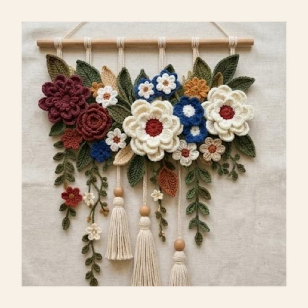 Crochet floral wall hanging with cream and maroon flowers and three tassels