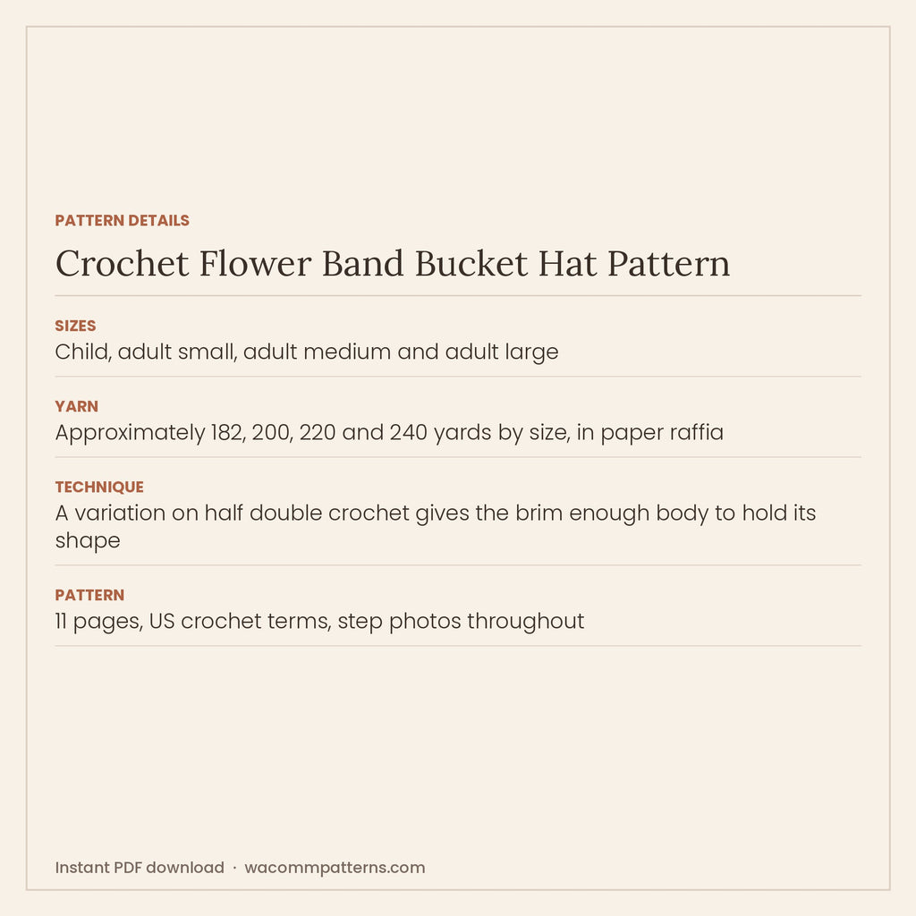 Pattern details card for the crochet flower band bucket hat