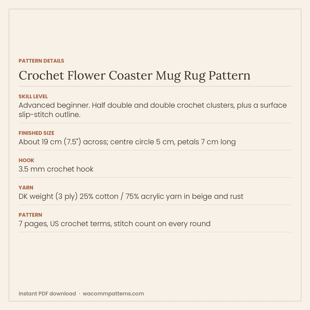 Crochet flower coaster mug rug with twelve petals and a contrast outline chained over the top - PDF crochet pattern, instant download