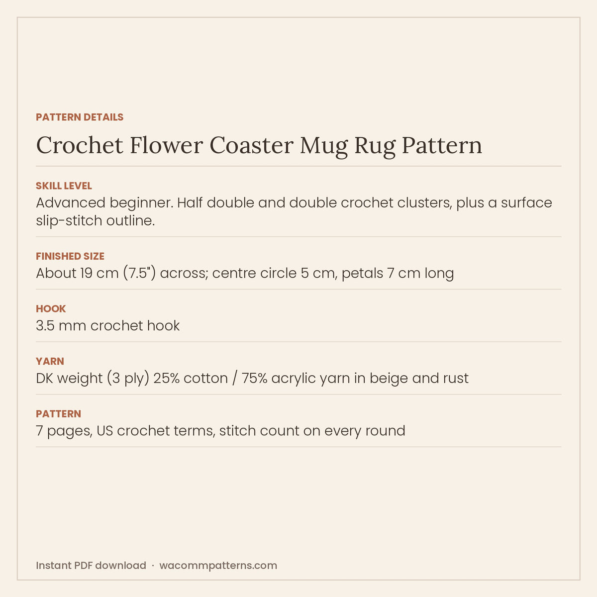 Crochet flower coaster mug rug with twelve petals and a contrast outline chained over the top - PDF crochet pattern, instant download
