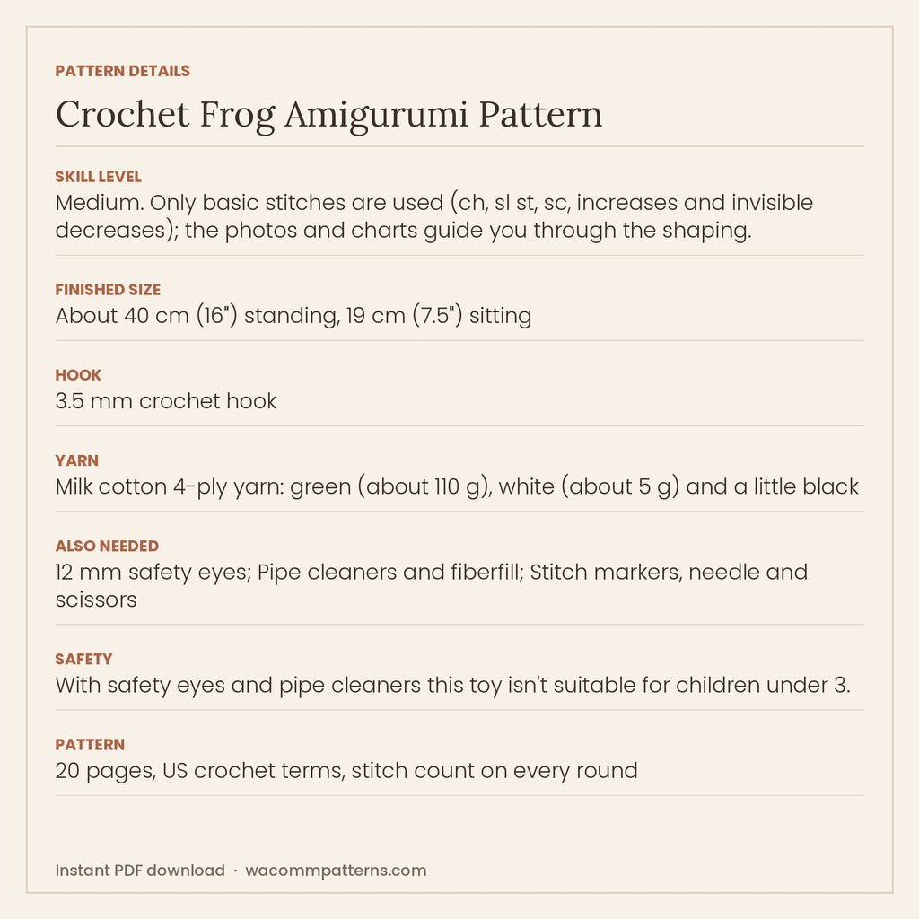 Crochet frog amigurumi with big bulging eyes, a stitched smile and bendable arms and legs - PDF crochet pattern, instant download