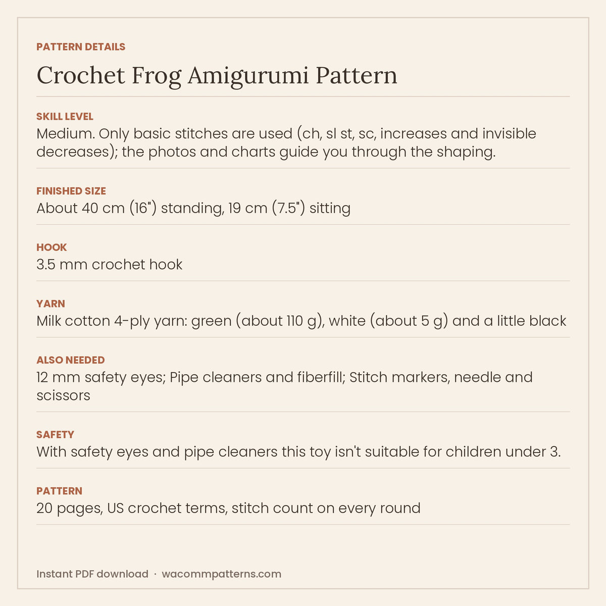 Crochet frog amigurumi with big bulging eyes, a stitched smile and bendable arms and legs - PDF crochet pattern, instant download