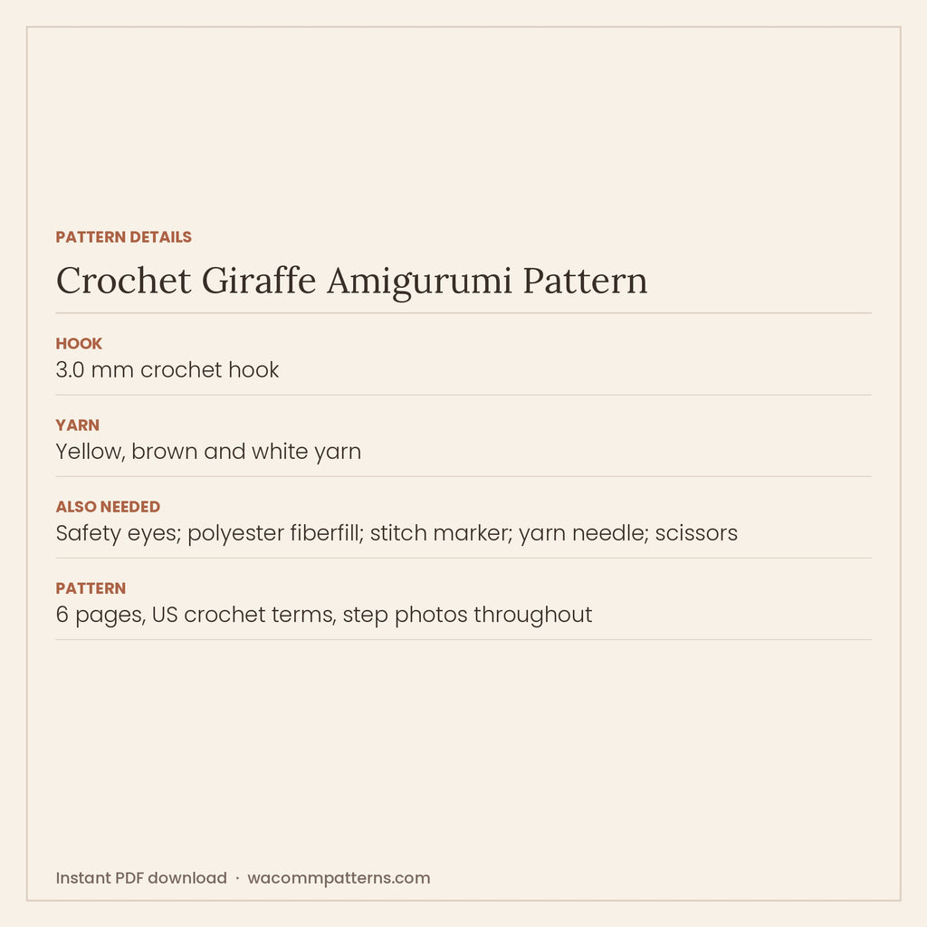 Pattern details card for the crochet giraffe amigurumi