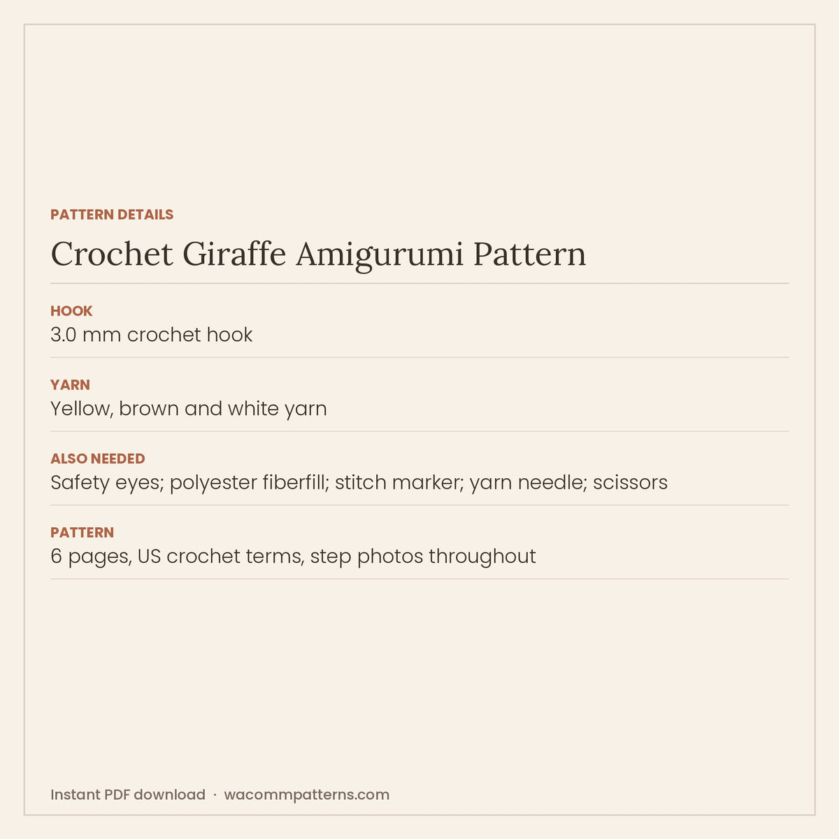 Pattern details card for the crochet giraffe amigurumi