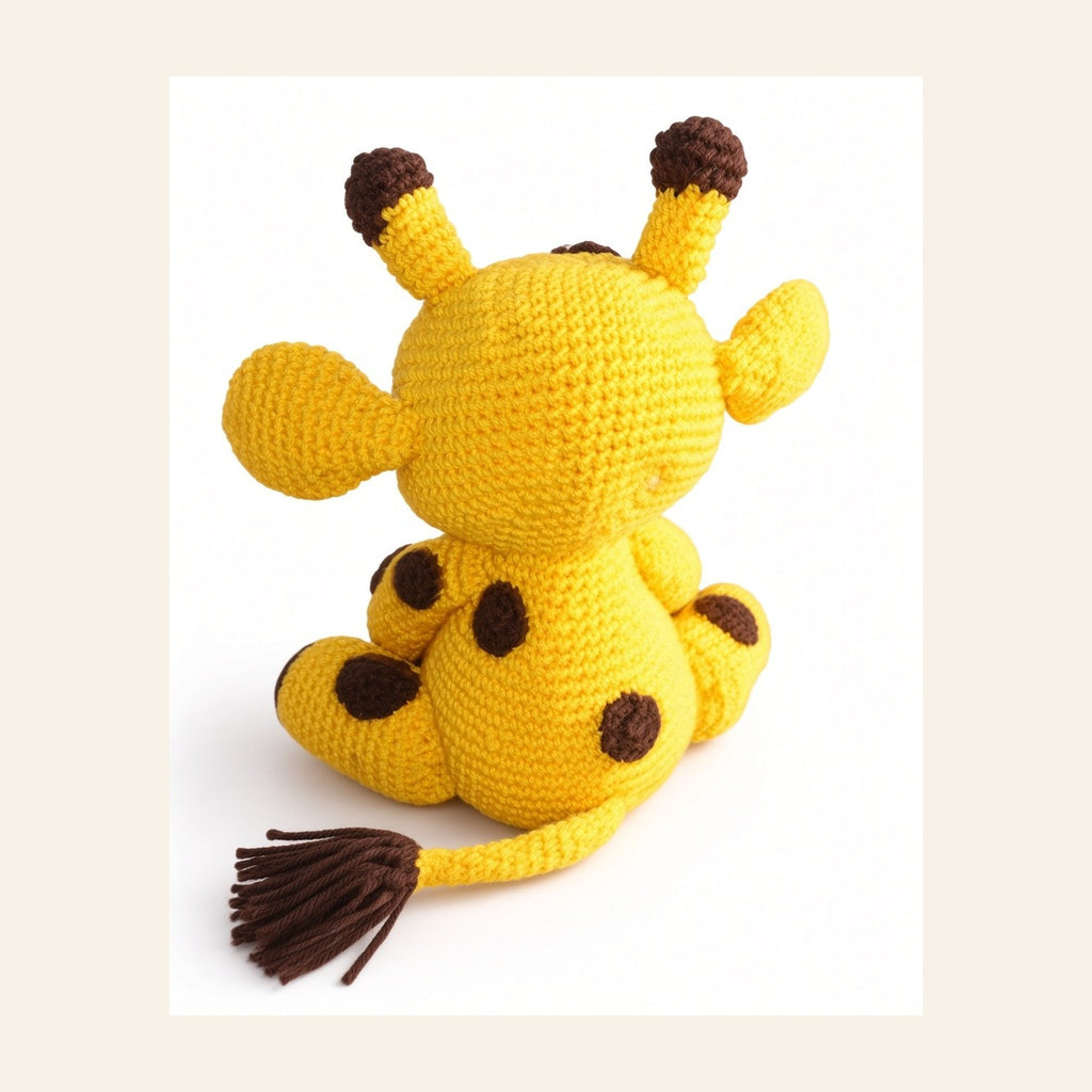 Back view of the crochet giraffe showing the tufted tail