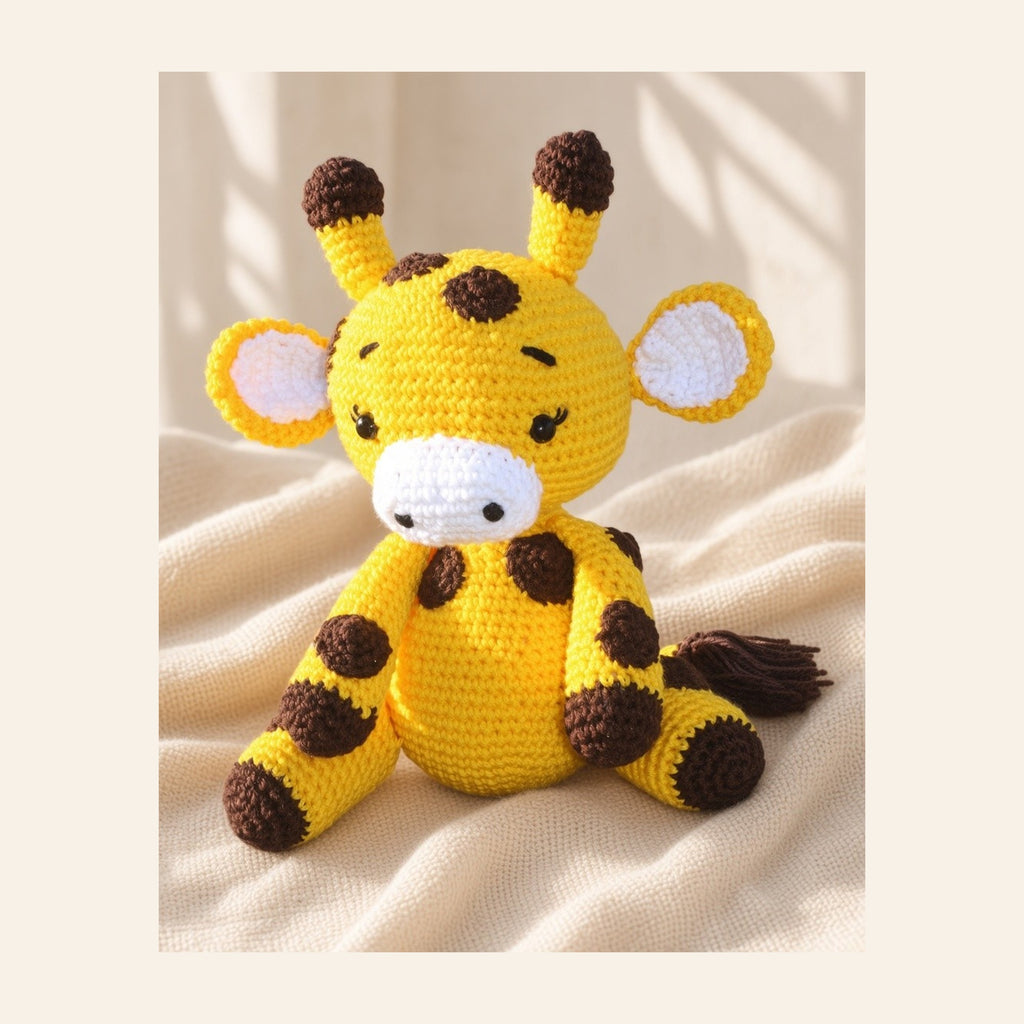 Yellow crochet giraffe amigurumi with brown spots sitting on a blanket