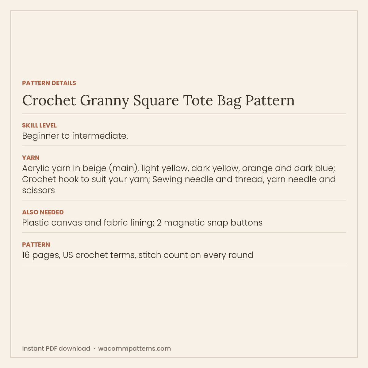 Bright boho crochet tote with a big bubble-stitch flower granny square on the front and back - PDF crochet pattern, instant download