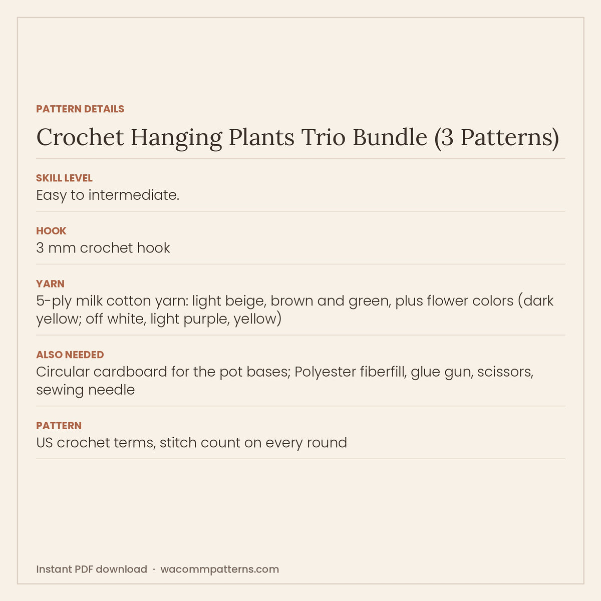 Three trailing crochet hanging plants made to hang together in a window - PDF crochet pattern, instant download