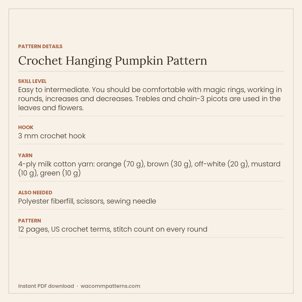 Crochet hanging pumpkin with a leafy green collar, mustard flowers and six little pumpkins dangling below - PDF crochet pattern, instant download