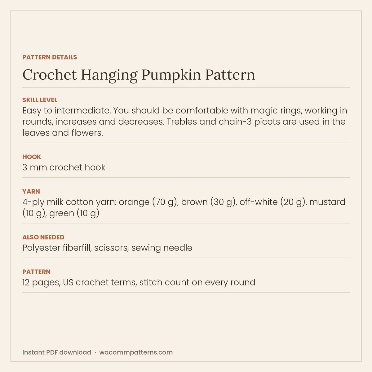 Crochet hanging pumpkin with a leafy green collar, mustard flowers and six little pumpkins dangling below - PDF crochet pattern, instant download