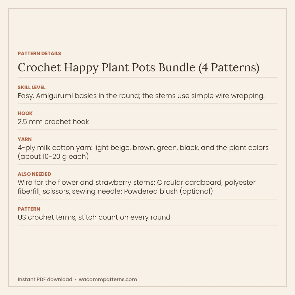Four smiling crochet plant pots with little legs and rosy cheeks, each holding its own plant - PDF crochet pattern, instant download