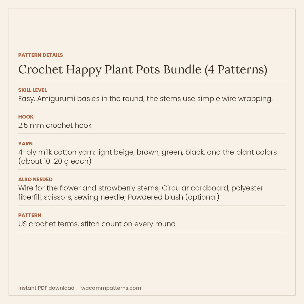 Four smiling crochet plant pots with little legs and rosy cheeks, each holding its own plant - PDF crochet pattern, instant download