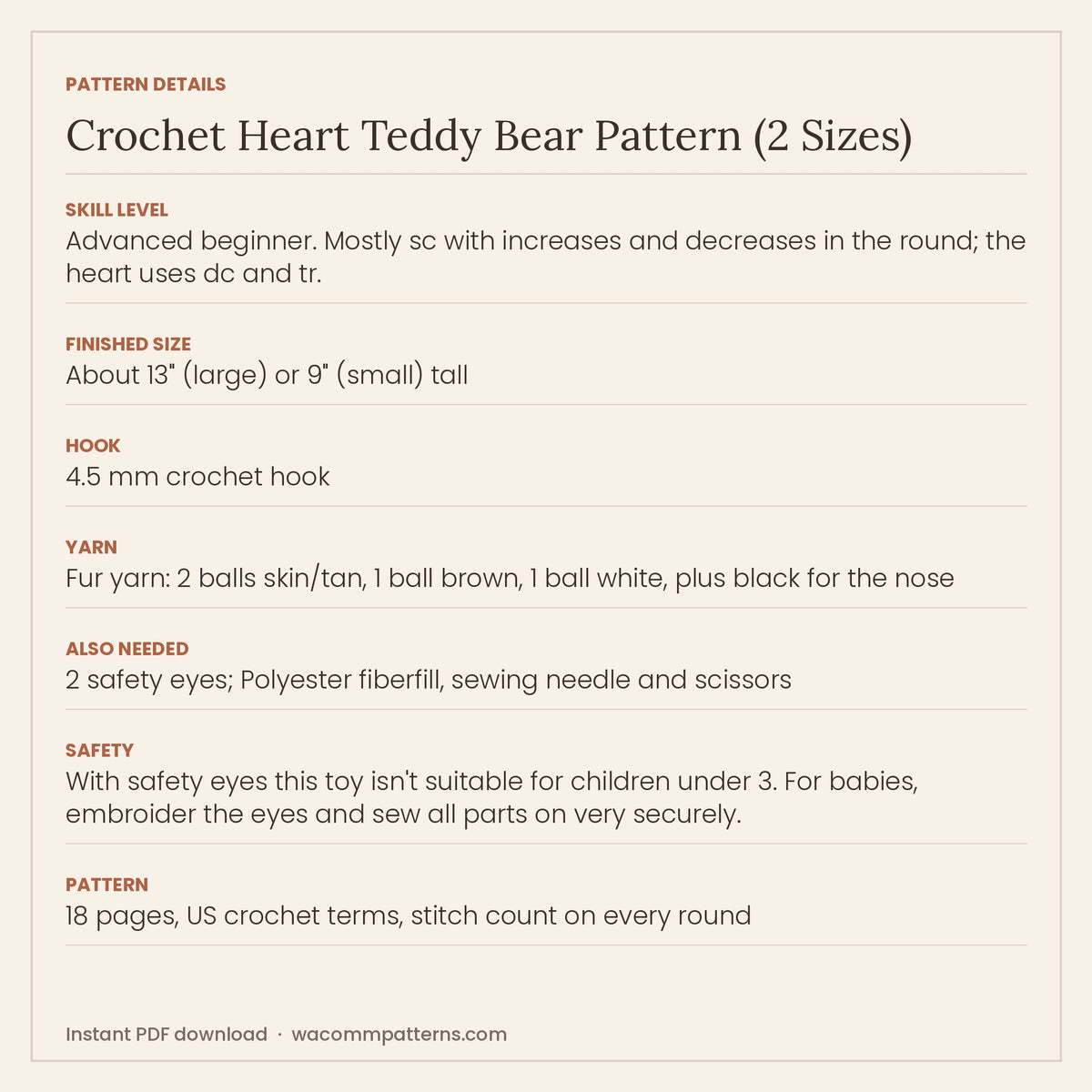 Crochet teddy bear with a cream tummy and a crocheted heart on the front, written in two sizes - PDF crochet pattern, instant download